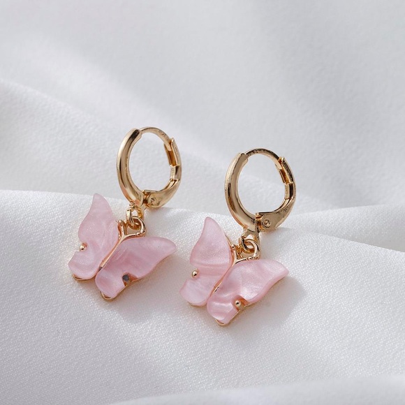 Gold plated Pink butterfly hoop earring - Picture 1 of 3
